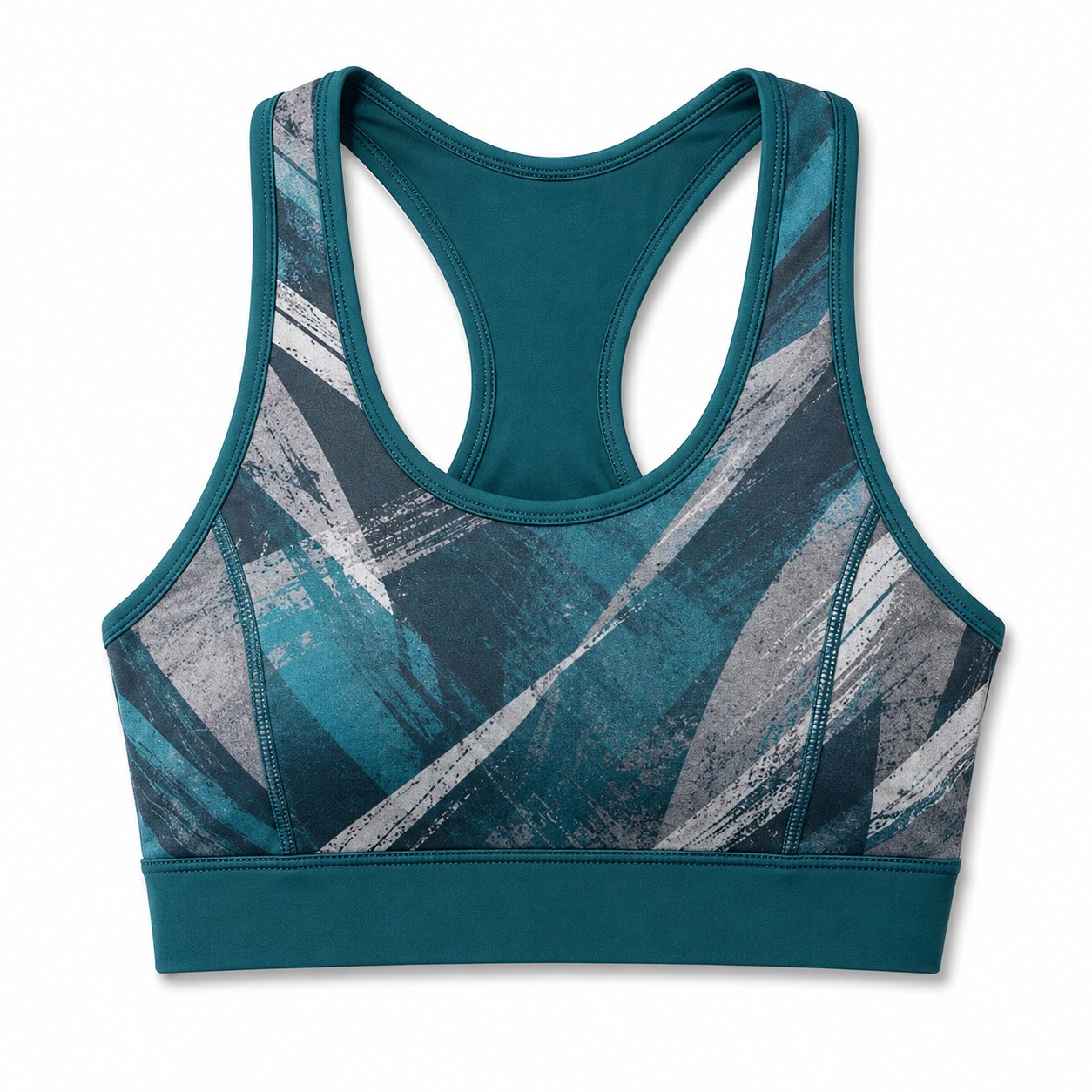 Women's teal and grey sports bra with sublimated abstract print and racerback cut